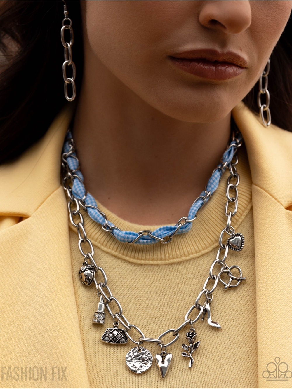 Layered Silver Charm Necklace Set with Blue Braided Accent